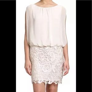 Aidan Mattox Blouson cocktail dress with lace skirt, xs, champagne color